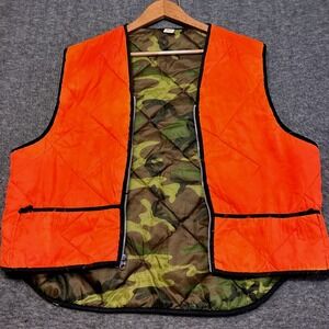 Vintage Quilted Reversible Hunting Vest Men XL Orange Camo Made in USA Talon zip